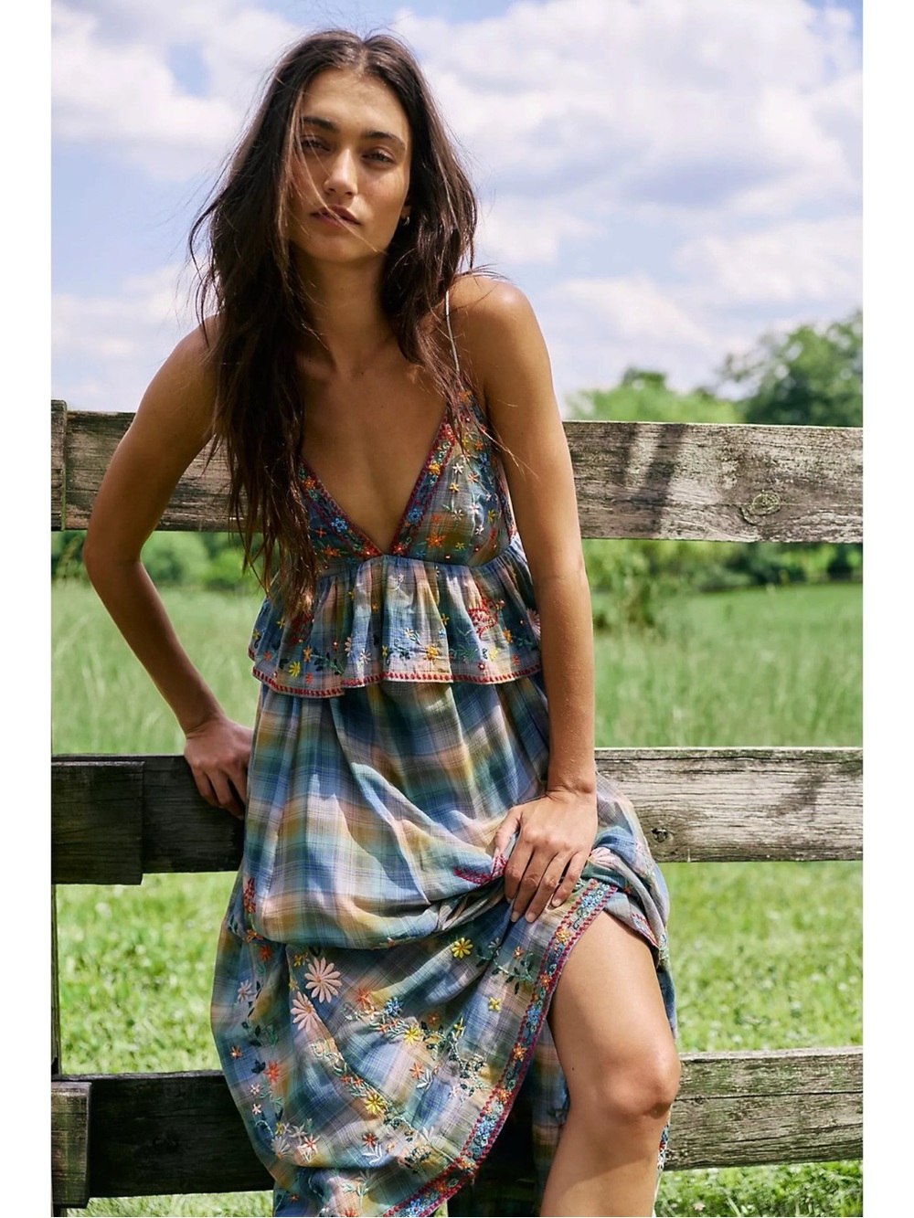 Free People Bohemian 70s Embroidered Plaid Songs Of Summer Maxi Dress Large NWT - Picture 5 of 16